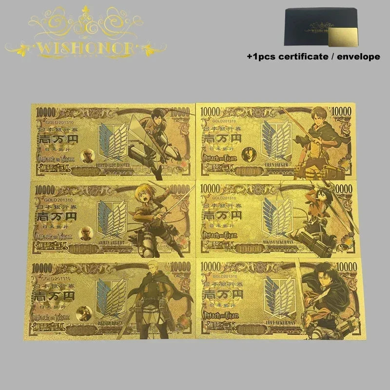 Top Selling Products All Styles Nice Japan Anime Banknote Sets Anime Plastic Card in 24k Gold Plated For Collection