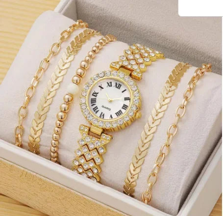 Full Crystal 5Pcs Watches Set for Women Diamond Women's Bracelet Watch Luxury Fashion Watch Bracelet Set Rhinestone Gifts Reloj