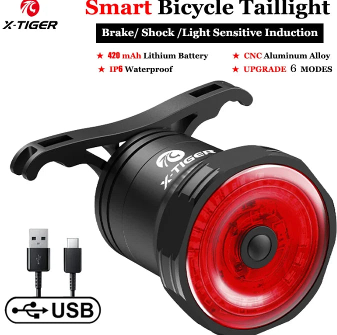 X-TIGER Bike Rear Light Smart Brake Sensing Light Bicycle Tail Light IPX6 Waterproof LED Charging Taillight Cycling Accessories