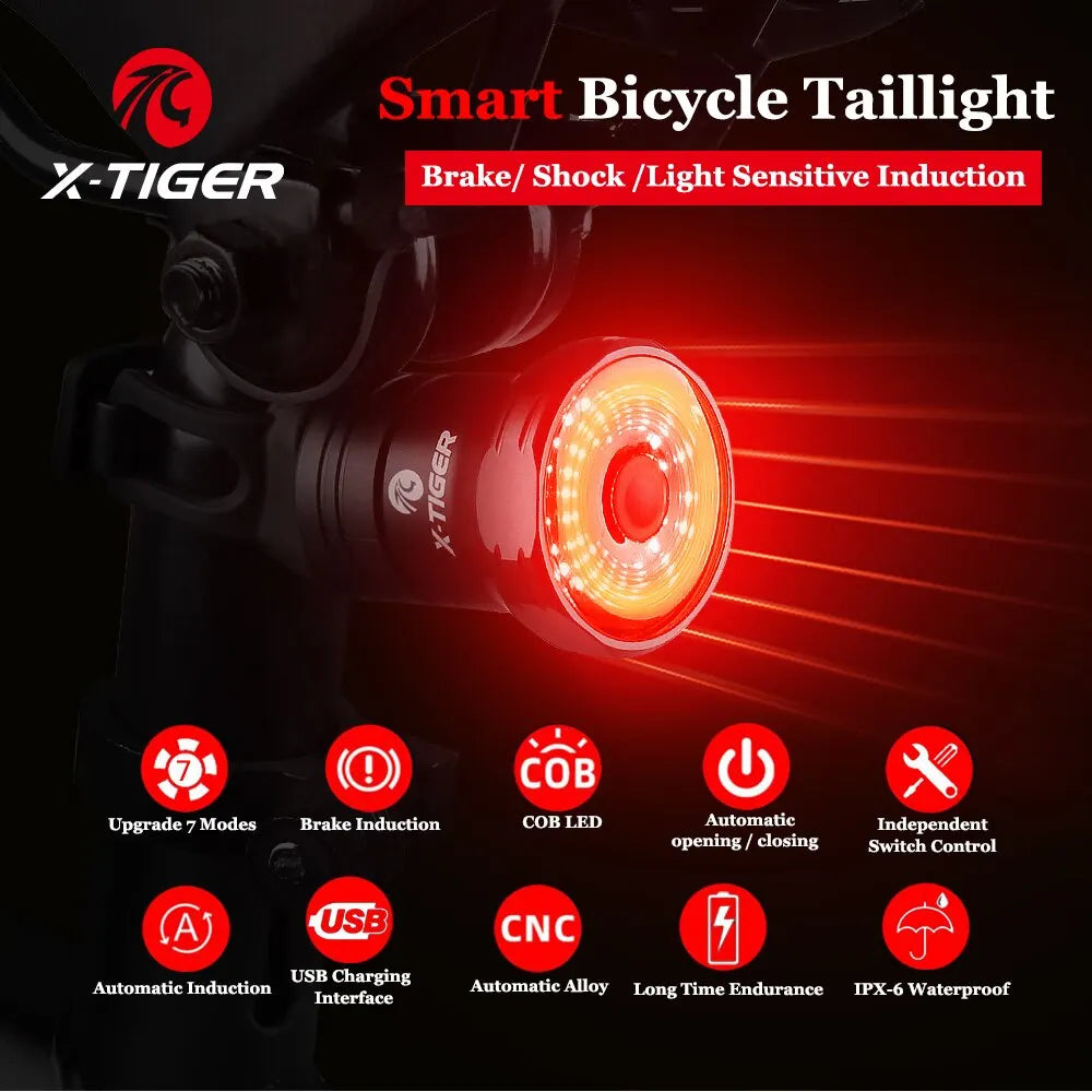 X-TIGER Bike Rear Light Smart Brake Sensing Light Bicycle Tail Light IPX6 Waterproof LED Charging Taillight Cycling Accessories