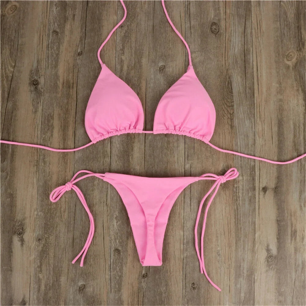 Women's swimsuit Bikinis Set Women Sexy Pink Bandage Ladies Thongs Solid Two Piece Suit Female купальник traje de baño mujer