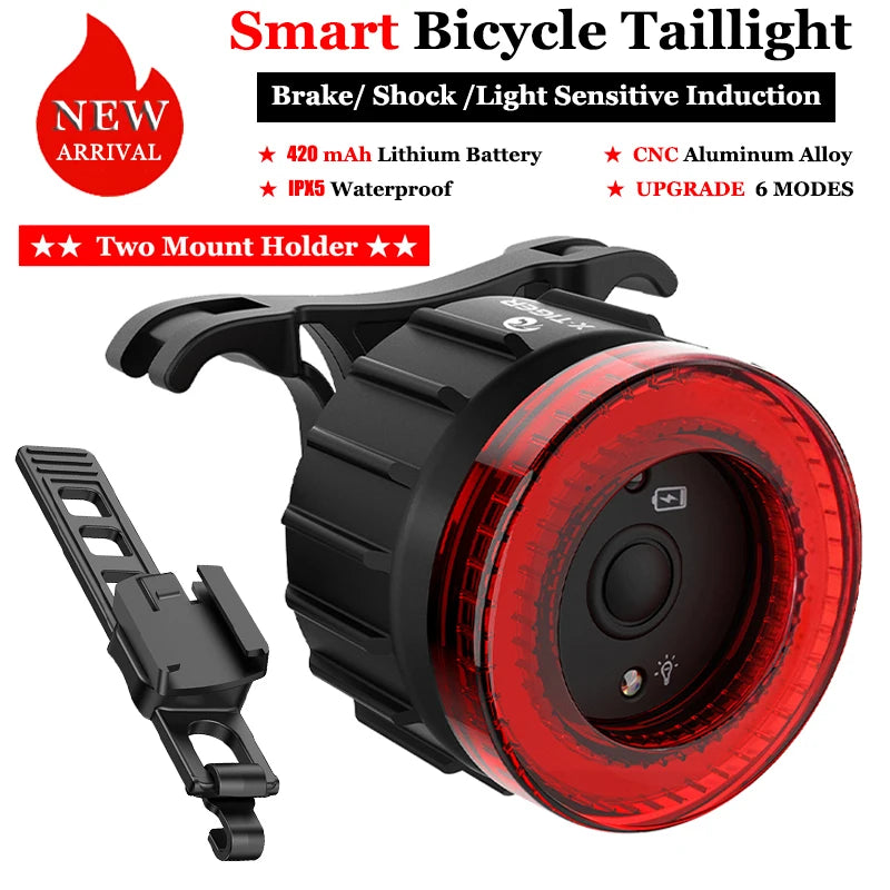 X-TIGER Bike Rear Light Smart Brake Sensing Light Bicycle Tail Light IPX6 Waterproof LED Charging Taillight Cycling Accessories