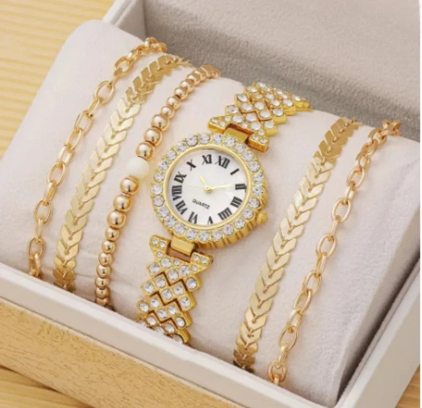 Diamond Women's Bracelet Watch Luxury Fashion Watch Bracelet Set Full Crystal 5Pcs Watches for Women Rhinestone Set Gifts Reloj