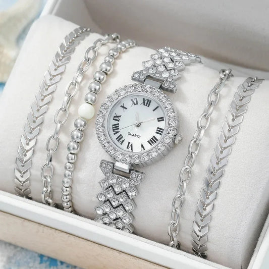 Diamond Women's Bracelet Watch Luxury Fashion Watch Bracelet Set Full Crystal 5Pcs Watches for Women Rhinestone Set Gifts Reloj