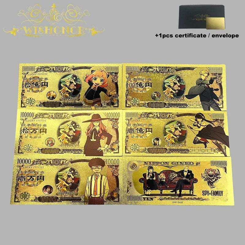 Top Selling Products All Styles Nice Japan Anime Banknote Sets Anime Plastic Card in 24k Gold Plated For Collection