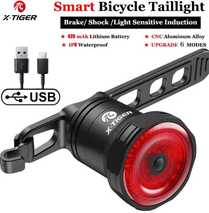 X-TIGER Bike Rear Light Smart Brake Sensing Light Bicycle Tail Light IPX6 Waterproof LED Charging Taillight Cycling Accessories