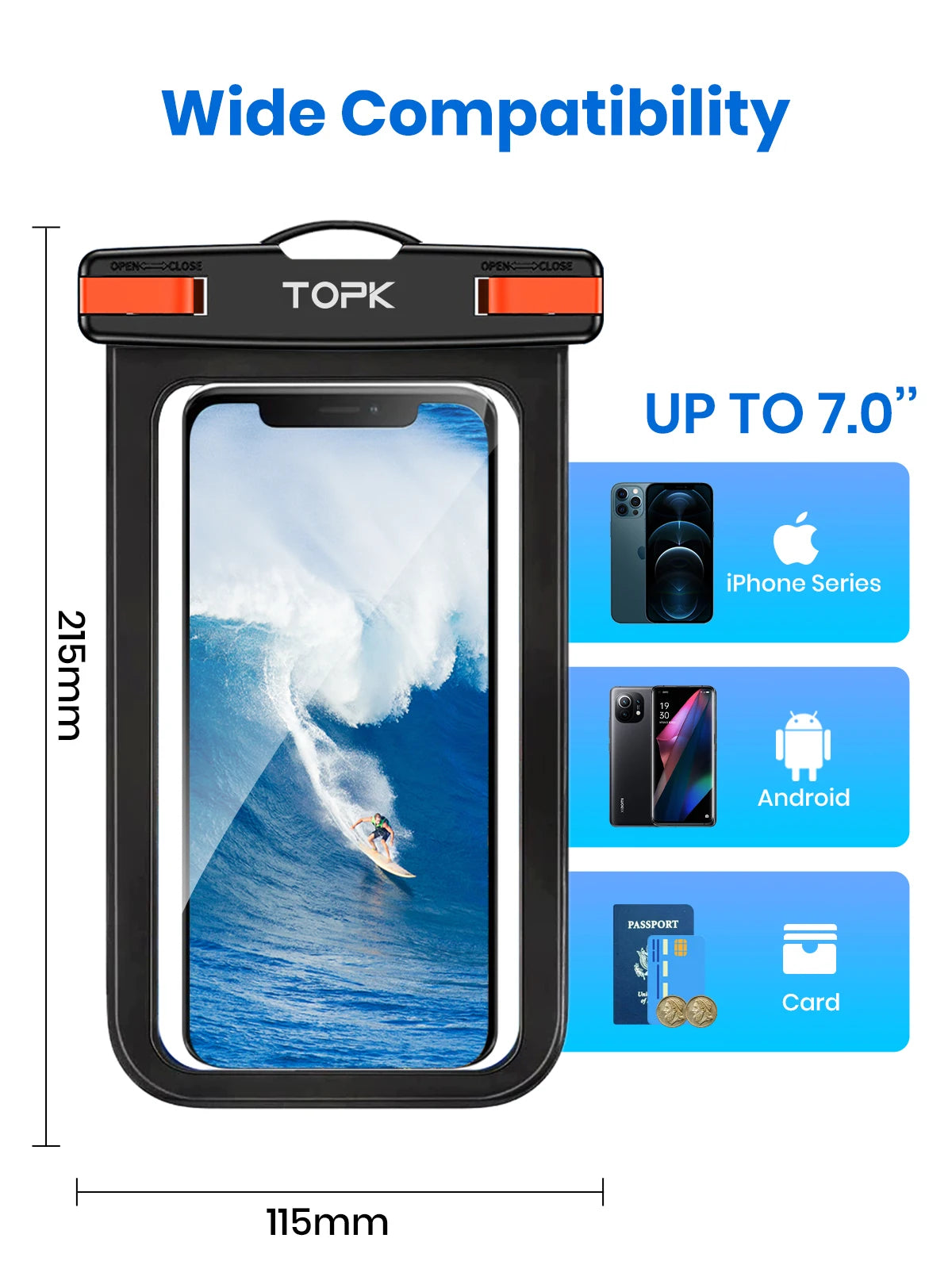 TOPK E01 Waterproof Phone Pouch,Universal IPX8 Waterproof Phone Case Dry Bag with Lanyard for iPhone Samsung Up to 7.0 inch