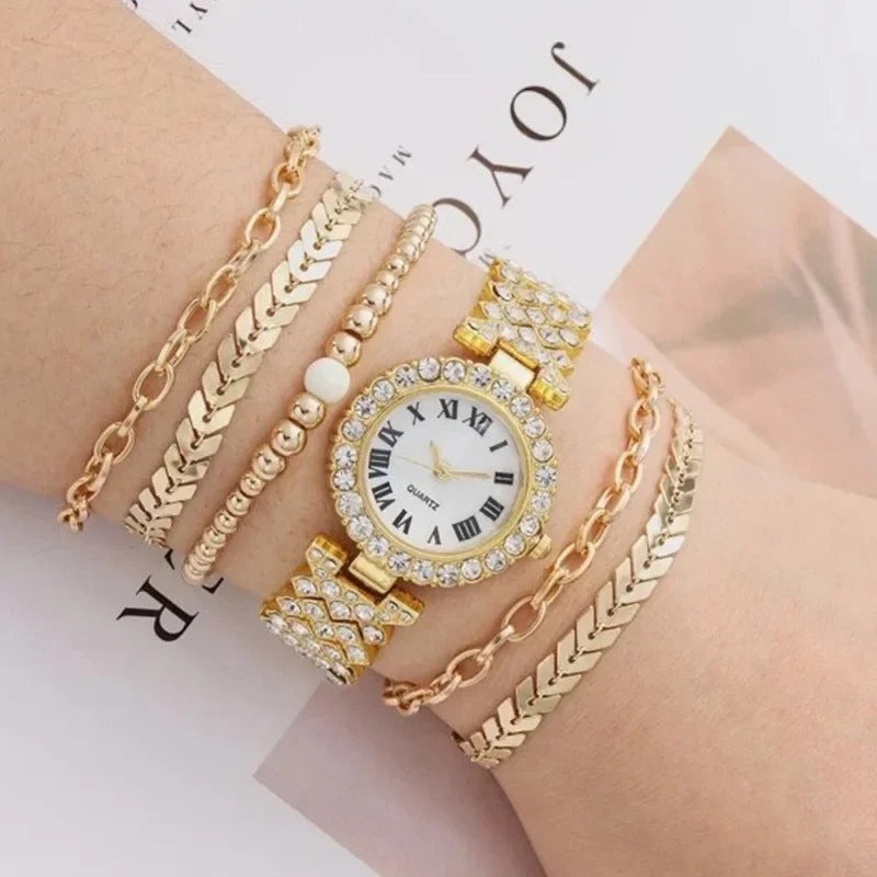 Full Crystal 5Pcs Watches Set for Women Diamond Women's Bracelet Watch Luxury Fashion Watch Bracelet Set Rhinestone Gifts Reloj